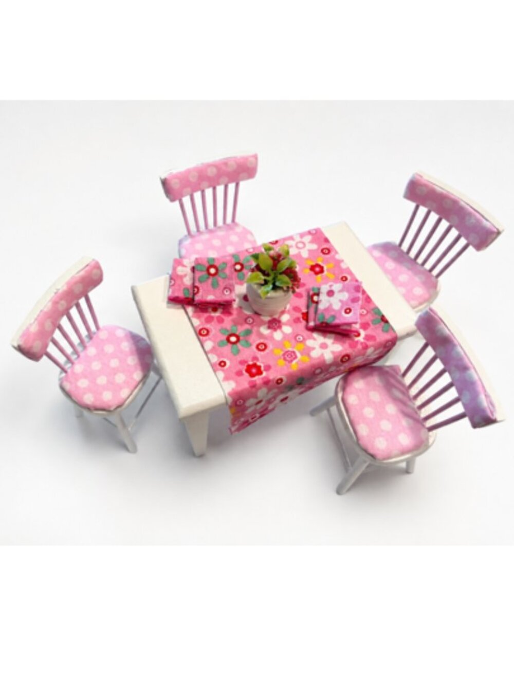 Dollhouse Miniature Dining Table 4 Chairs Pink White Hand Painted Wood Set 1:12 - Picture 8 of 9